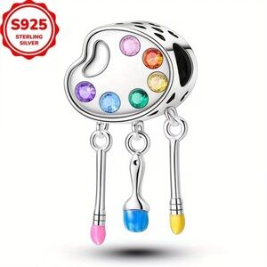 🎨 New Artist Paint Pallet Charm 925 Sterling Silver w Cubic Zirconias & Gift Bag
